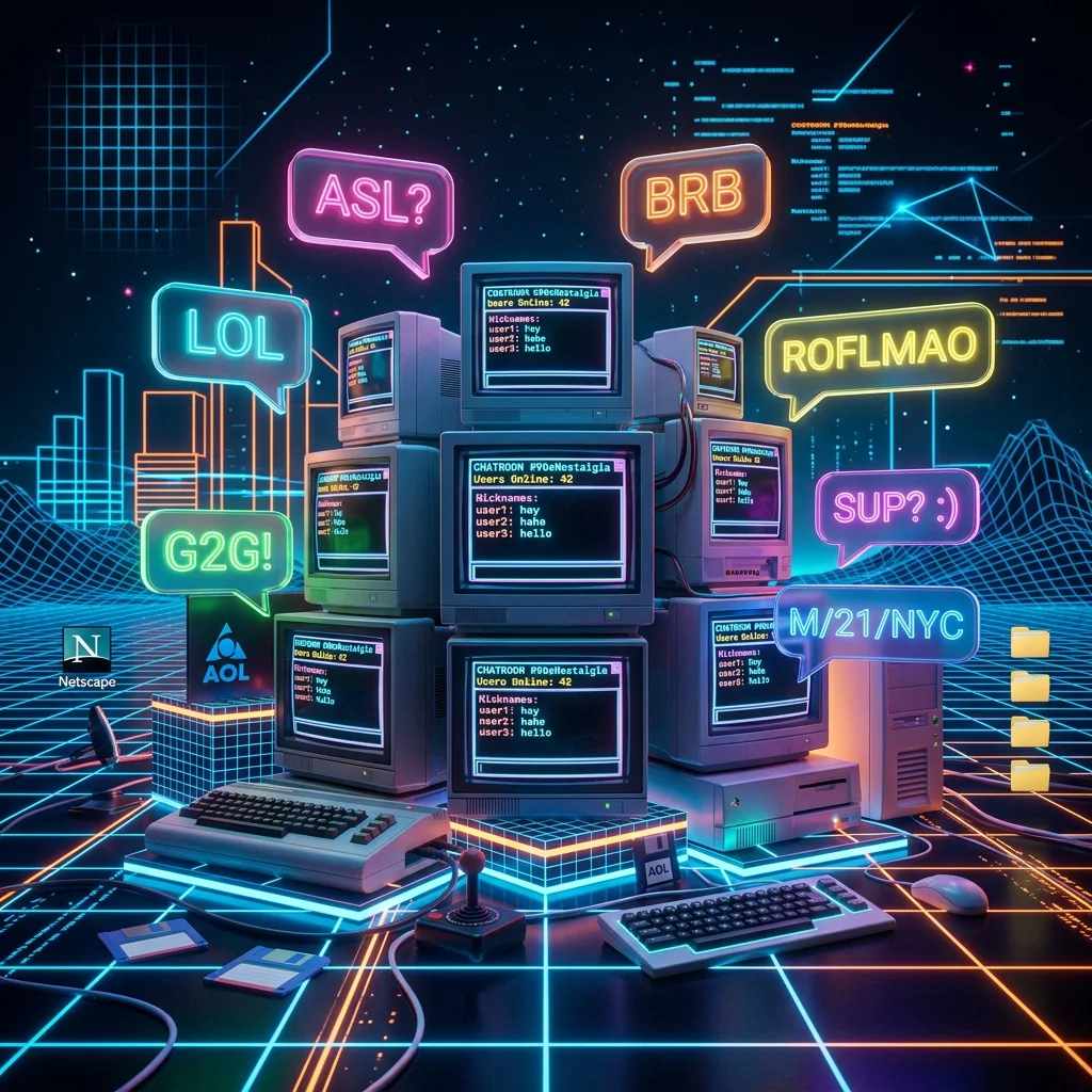 A vibrant retro-futuristic synthwave illustration with a stack of glowing CRT monitors displaying text chat rooms, surrounded by neon chat bubbles like ASL, LOL, BRB, and vintage Netscape and AOL logos.