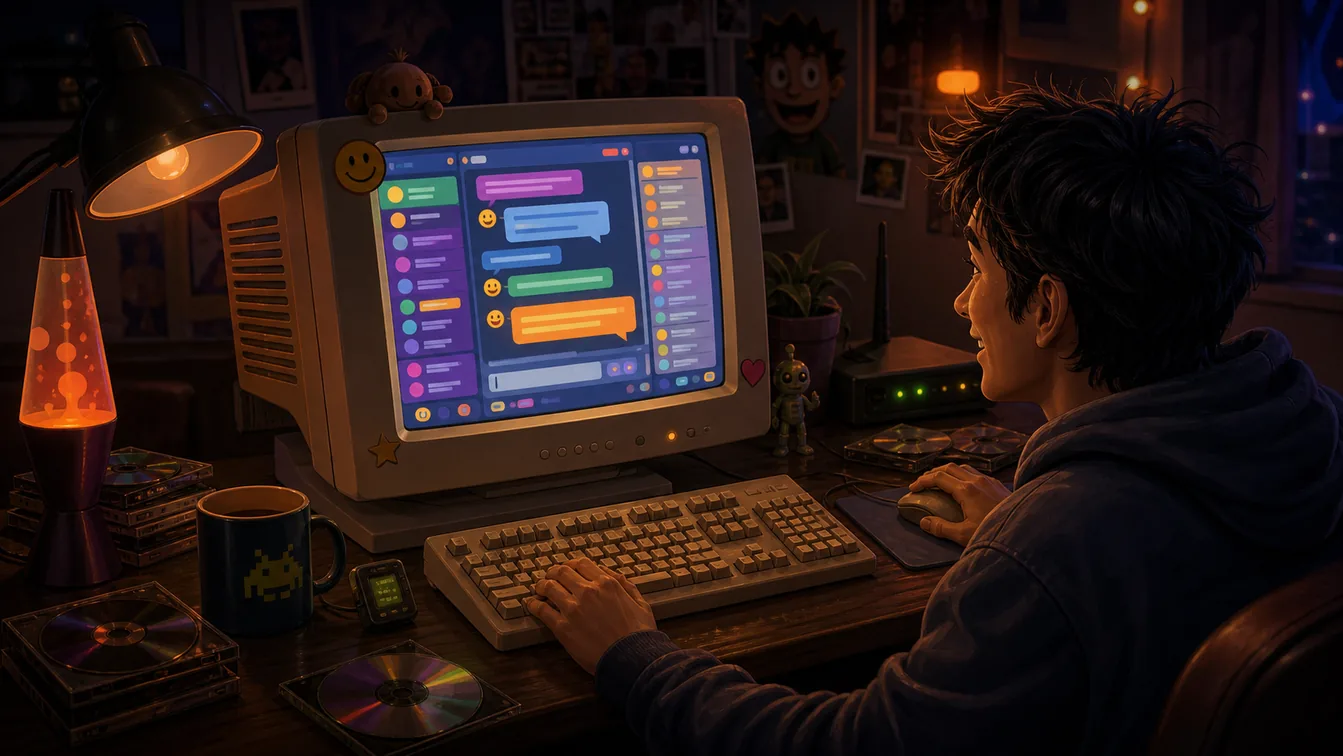 An old desktop computer shows a colourful chat room interface on a cluttered early internet desk.