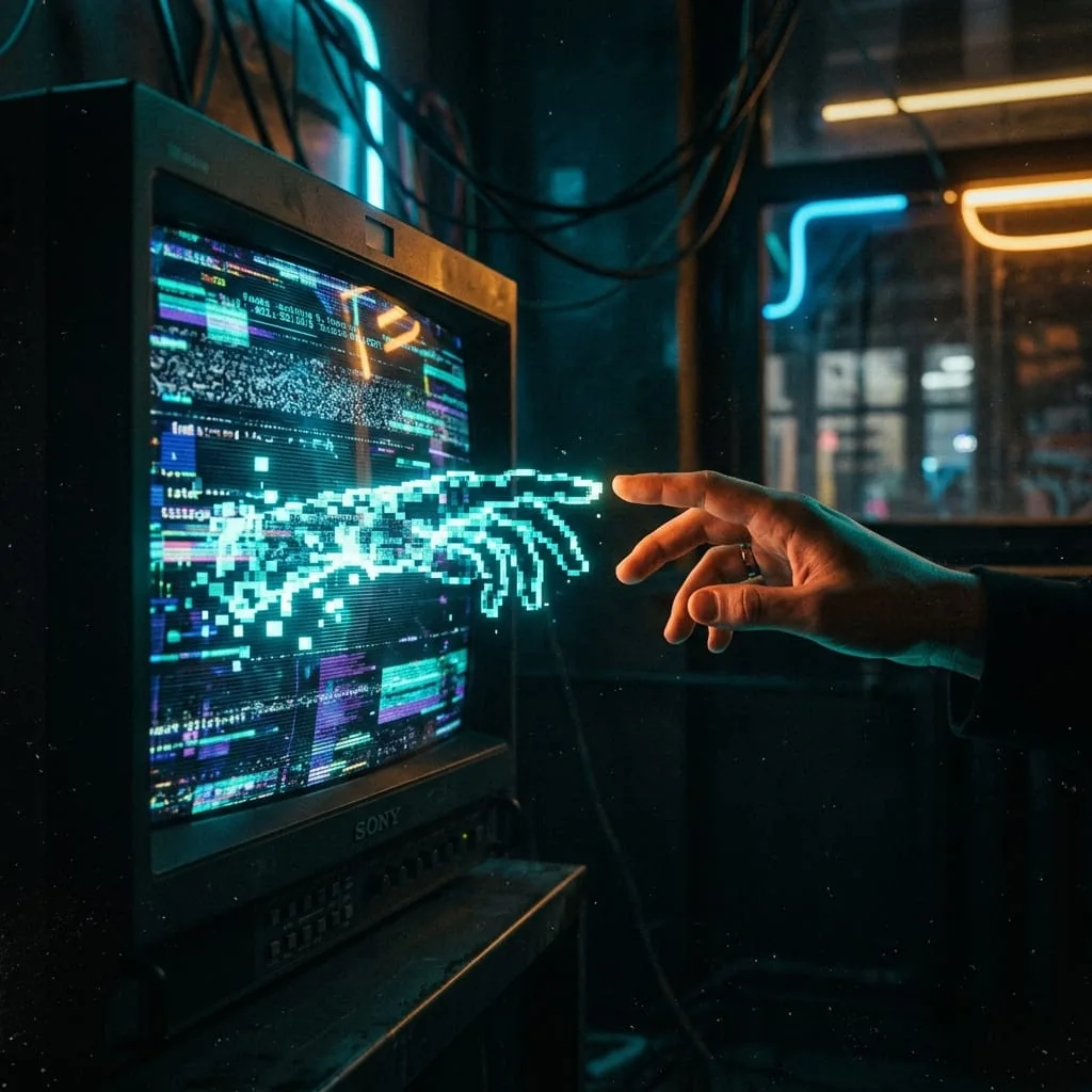Digital hand reaching from a screen toward a real hand