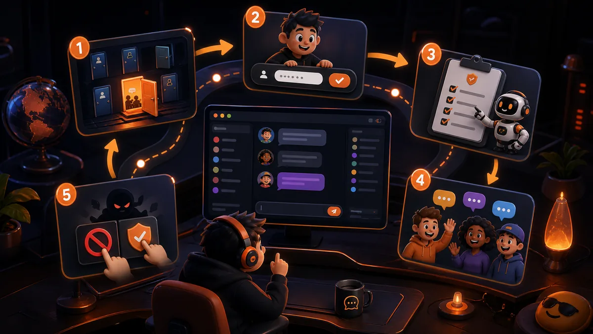 Illustrated chat room guide showing room choice, nickname, rules, greeting, and block buttons