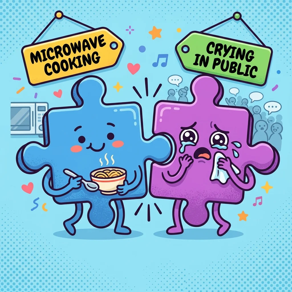 Puzzle pieces matching weird microwave cooking and crying tags