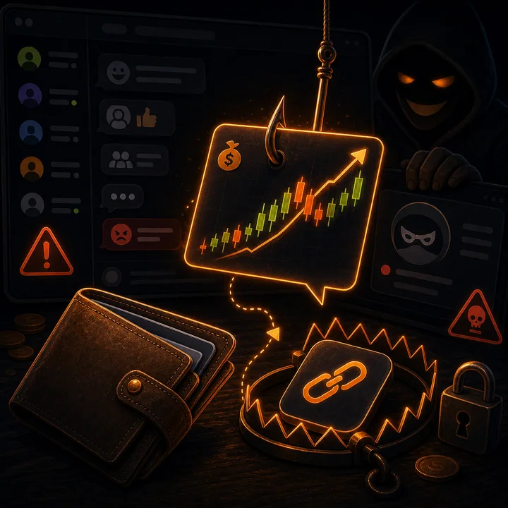 Wallet being pulled by an investment chart hook toward a suspicious link trap