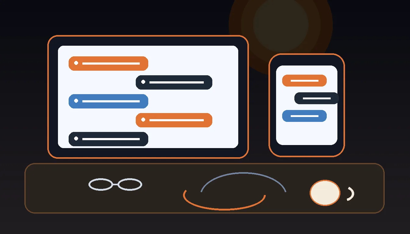Illustration of an iPad and iPhone showing chat bubbles on a desk