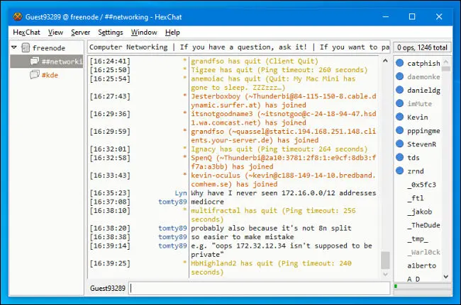 HexChat IRC client window connected to the ##networking channel on Freenode, showing chat logs and user list