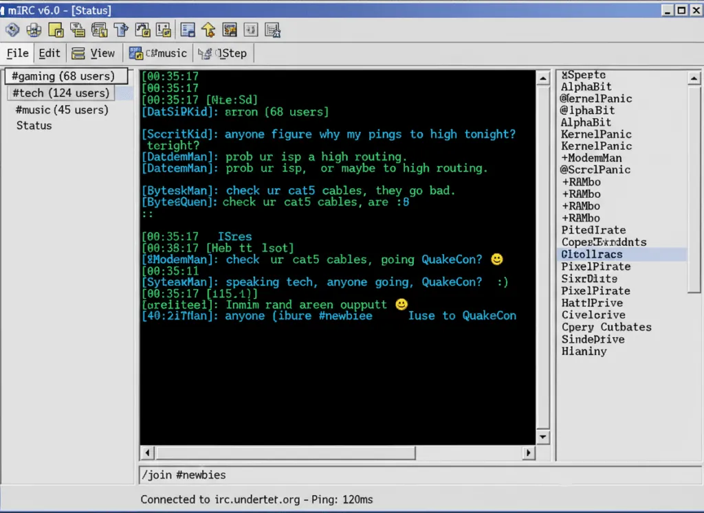IRC client interface showing chat channels and user lists