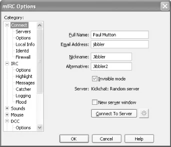 mIRC Options dialog window on Windows, showing Connect settings with nickname Jibbler and Connect To Server button