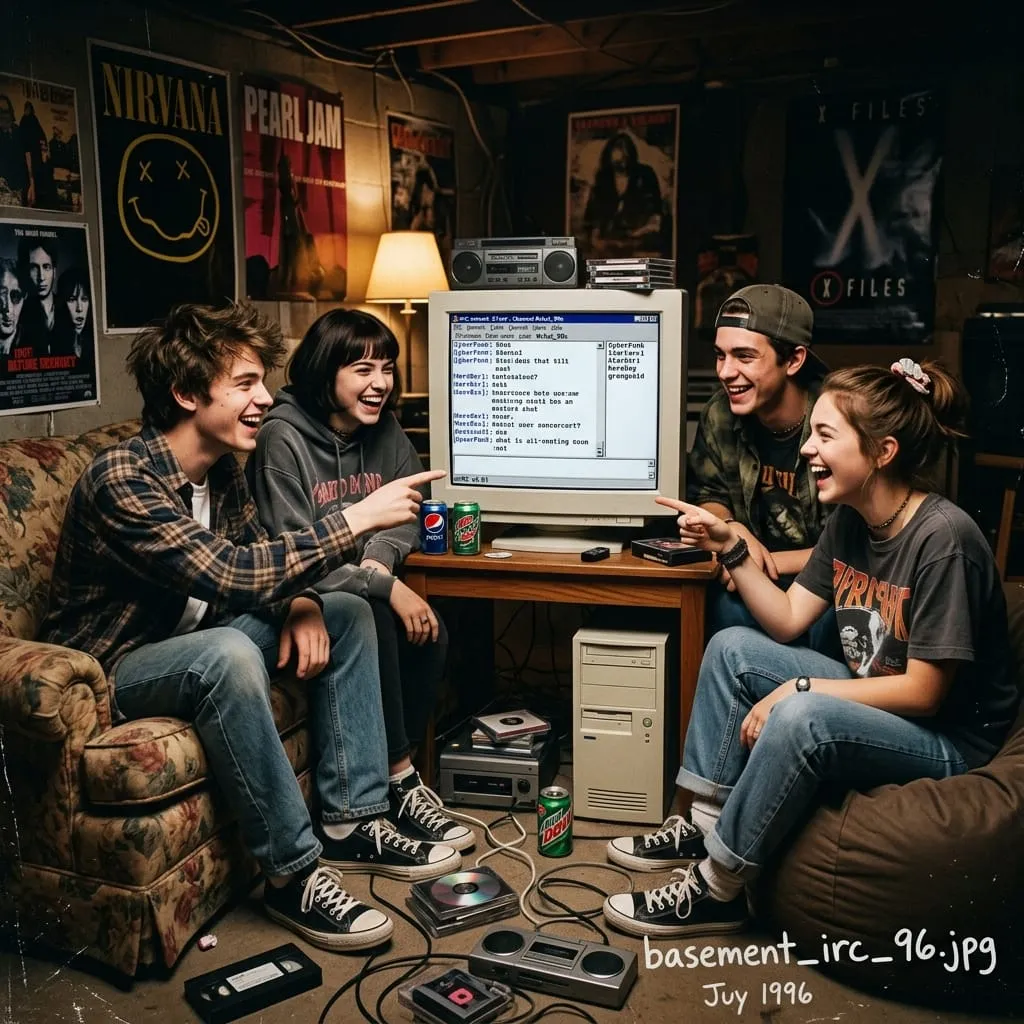 Retro vector art representation of early web users sitting around a glowing computer terminal participating in global relay chats