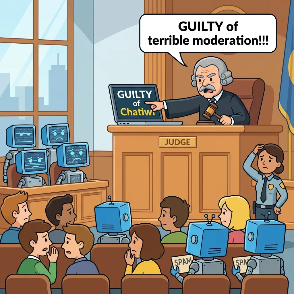 A disappointed cartoon judge at a wooden bench pointing to a laptop screen that says "GUILTY of Chatiw" with a speech bubble reading "GUILTY of terrible moderation!!!