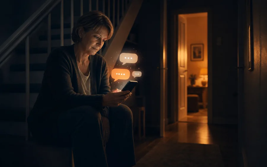 A tired carer sitting on the stairs at night looking at supportive chat messages on a phone