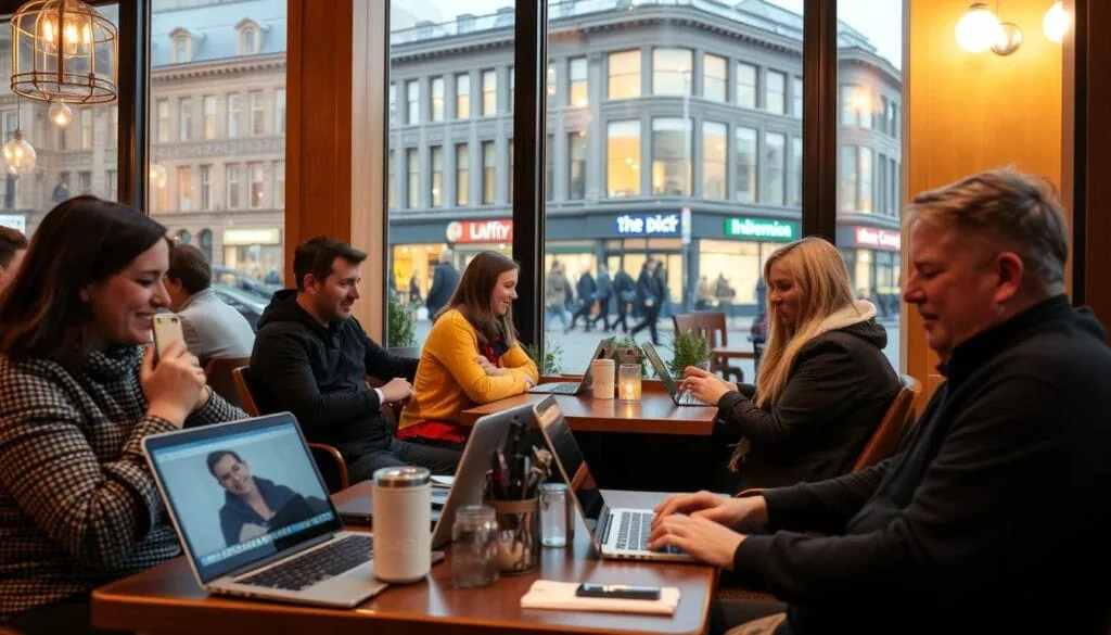 People using laptops and phones inside a Leeds cafe