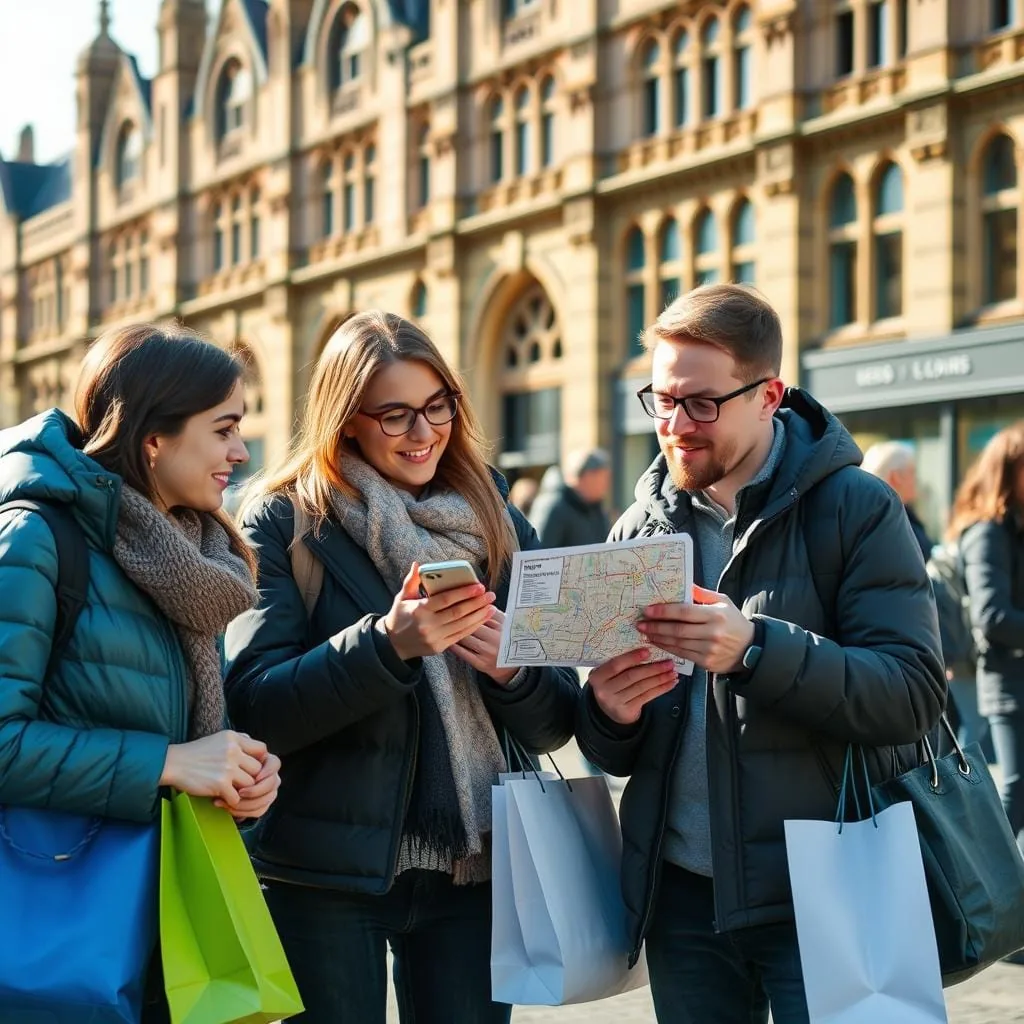 Three people looking at a map on a Leeds city street