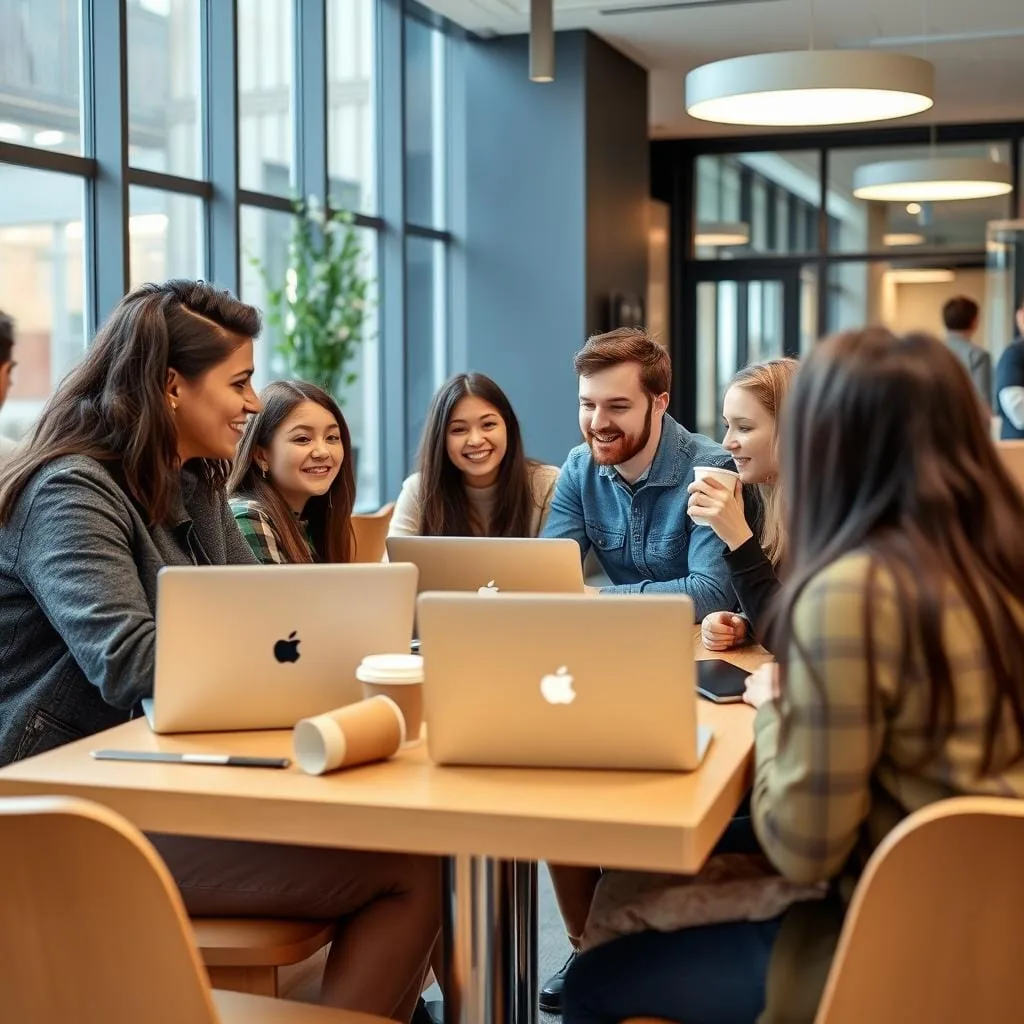 Students sitting around a cafe table with laptops