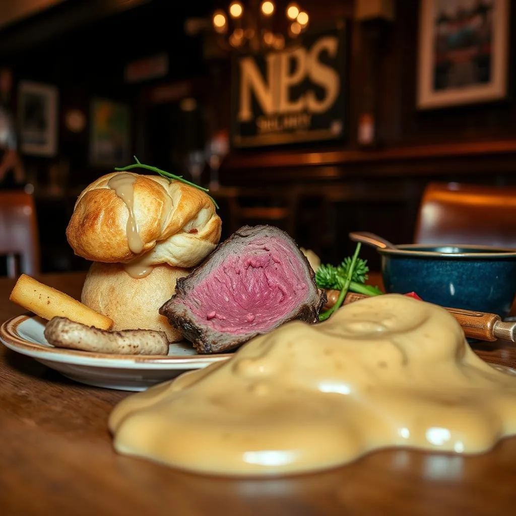 Sunday roast on a pub table with Yorkshire pudding and gravy