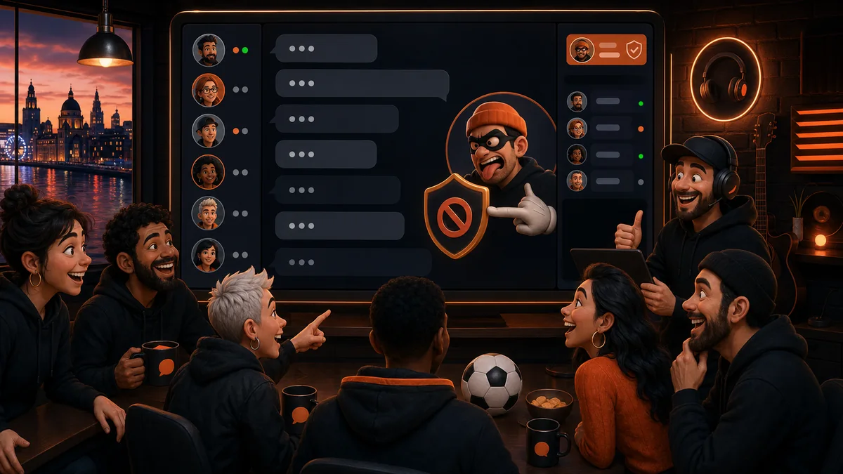 Group of people laughing around a large screen showing a blocked masked user