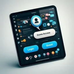iPad login screen with login and guest access buttons