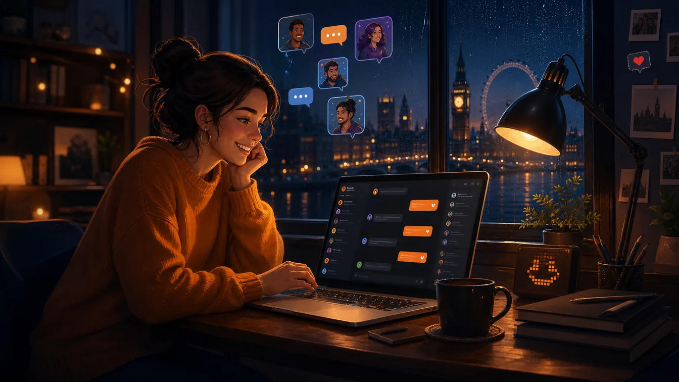 A woman sits at a laptop at night with London visible through the window and chat bubbles on screen.