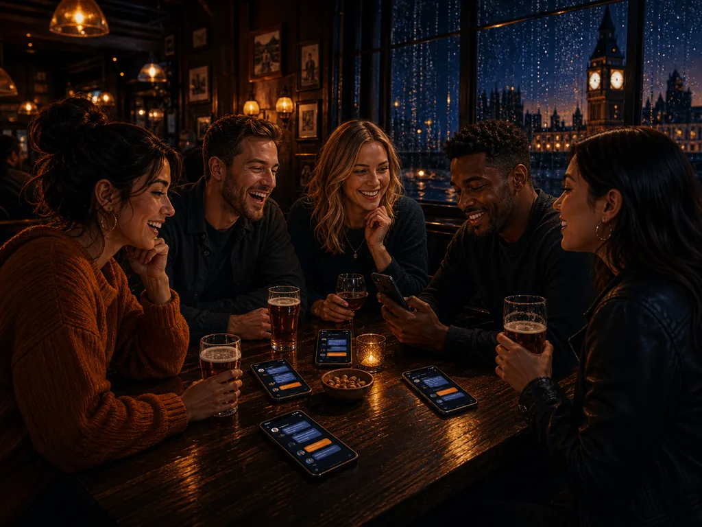 Four people sit around a pub table in London looking at phones while drinks and snacks are on the table.