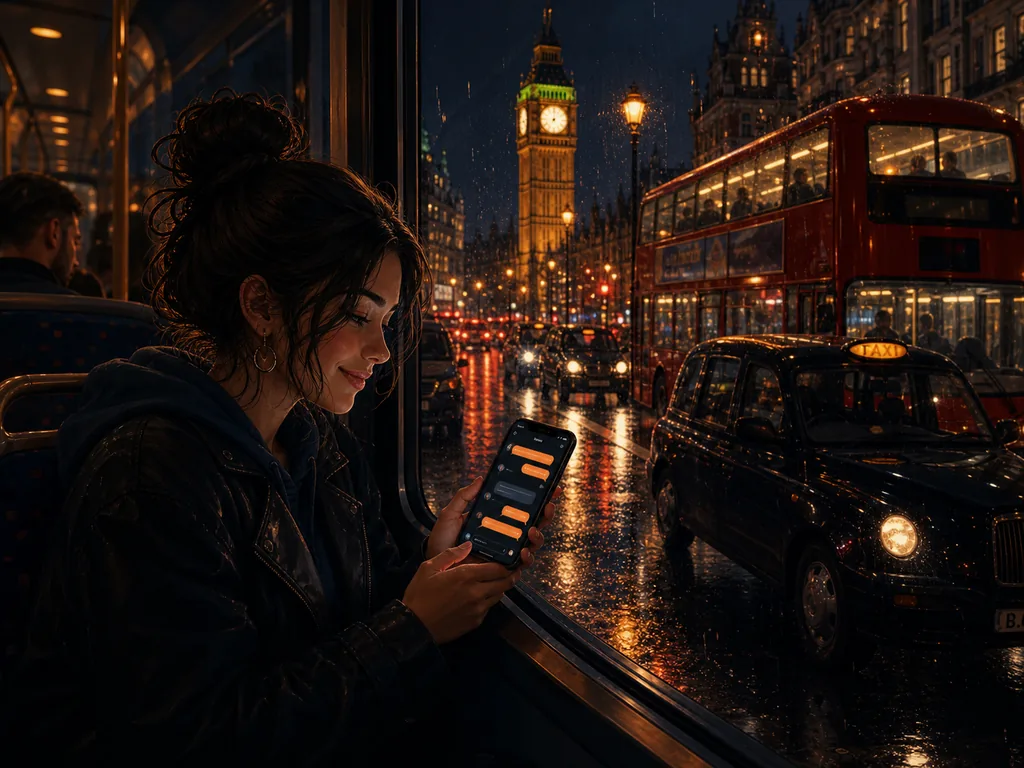 A person checks a phone beside a red London bus and black cab in busy evening traffic.