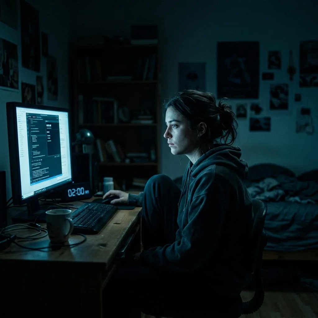 Person sitting alone at a computer in a dark bedroom at 2am