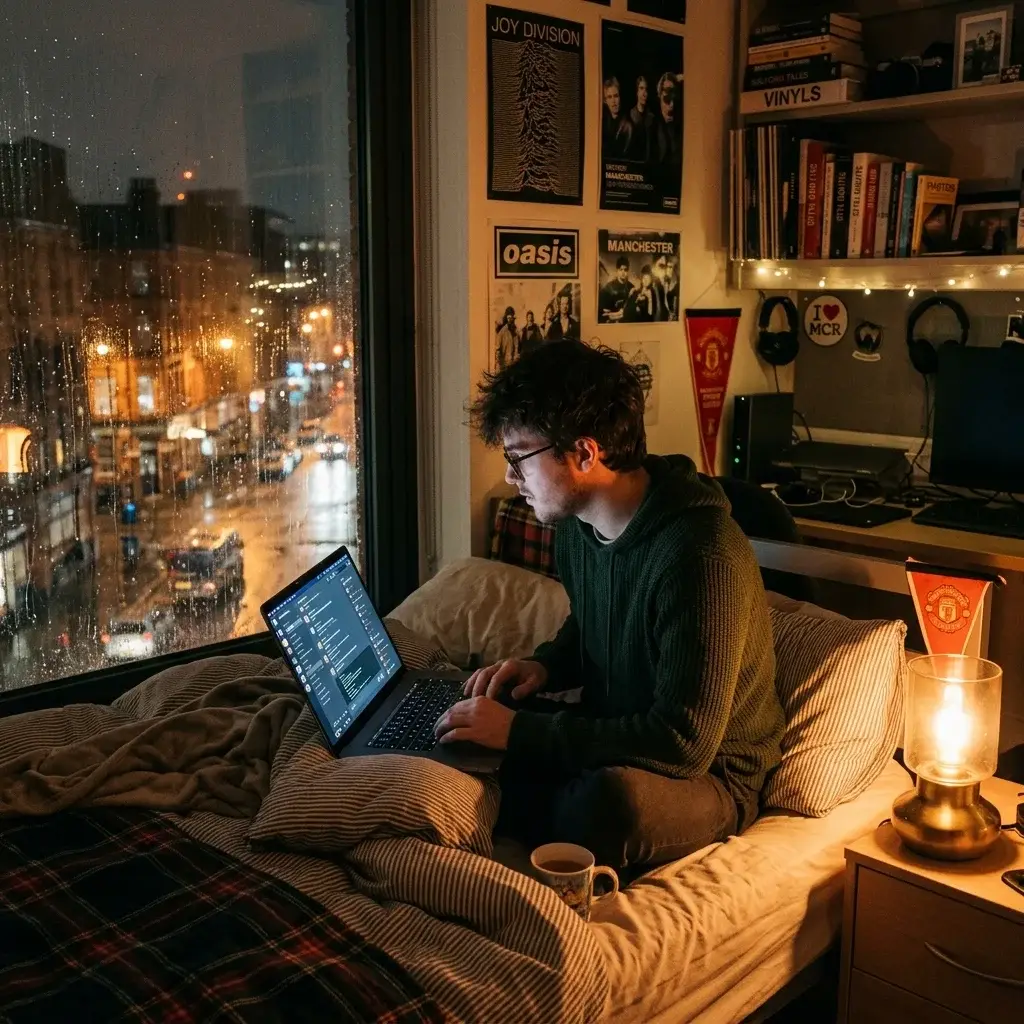 Person using Manchester chat rooms on a laptop from home in the evening