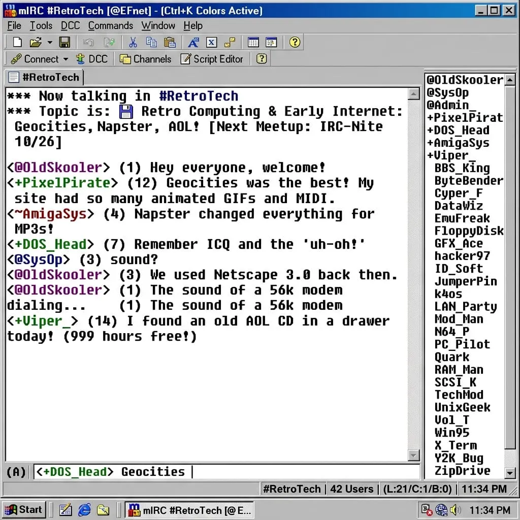 Nostalgic interface screenshot mockup of mIRC client showing chat channel text scrolling in Windows
