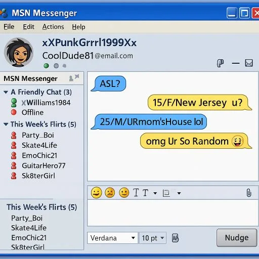 MSN Messenger mockup chat window with classic ASL conversation log and a Nudge button