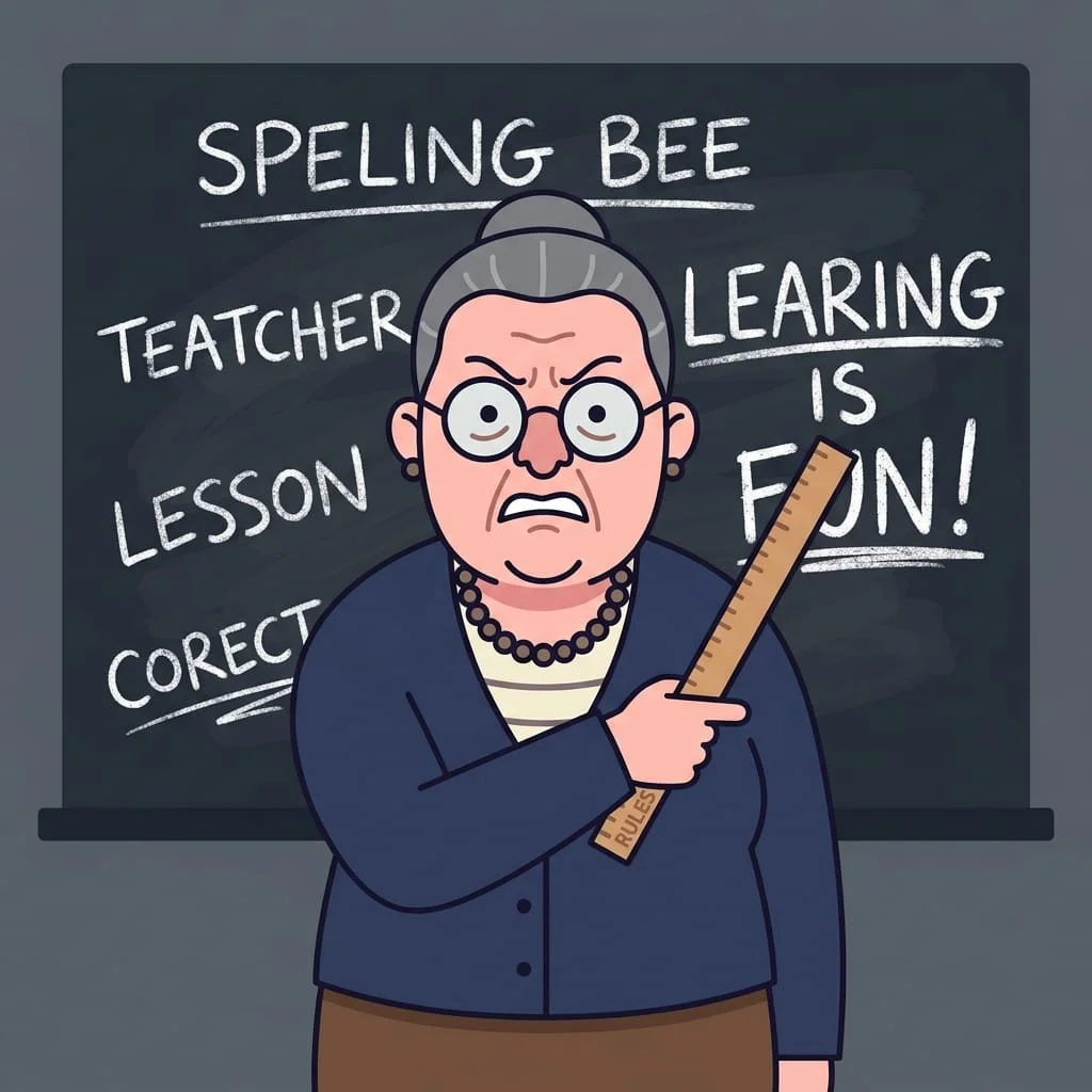 artoon mugshot of a strict, angry elderly teacher with grey hair in a bun and glasses, holding a wooden rules ruler in front of a blackboard with misspelled words