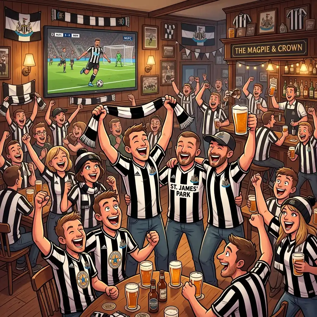 Newcastle United NUFC fans celebrating together in a pub wearing black and white shirts in Newcastle chat rooms