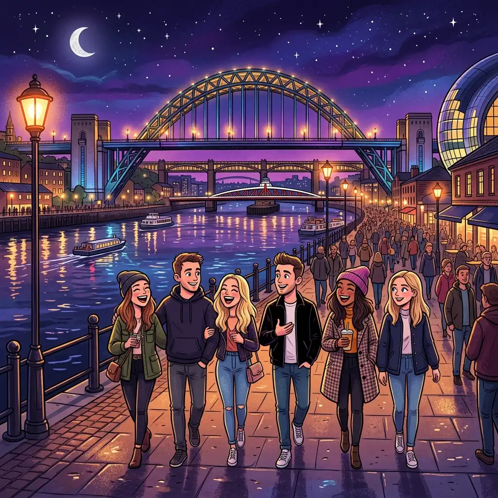 Friends on a Newcastle night out along the Quayside with the Tyne Bridge lit up at night
