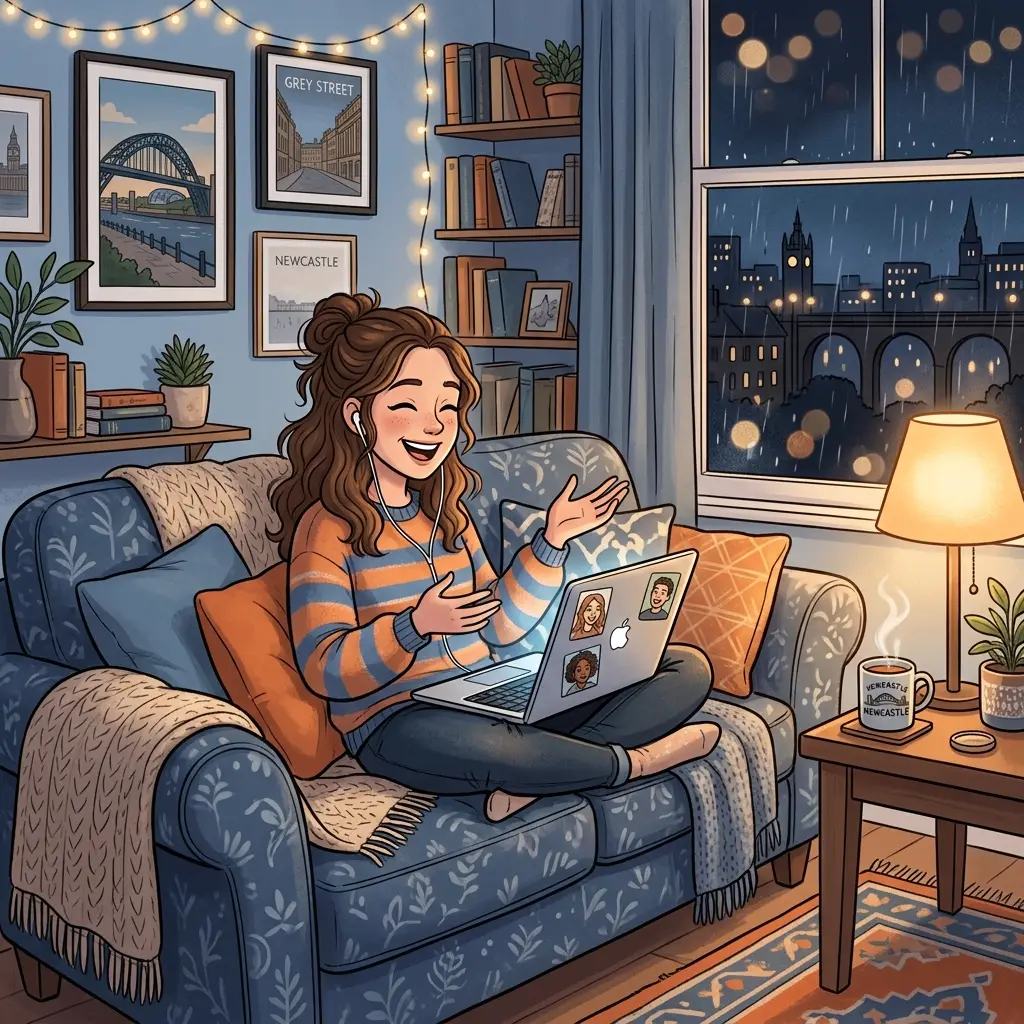 Woman using Newcastle chat rooms on a laptop at home in the evening