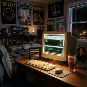 Classic CRT computer monitor screen glowing in a dark room with green terminal text scrolling