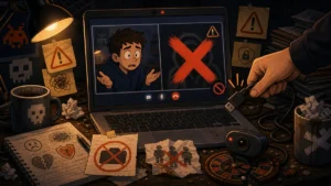 Laptop showing a censored anonymous video chat while a hand unplugs the webcam cable