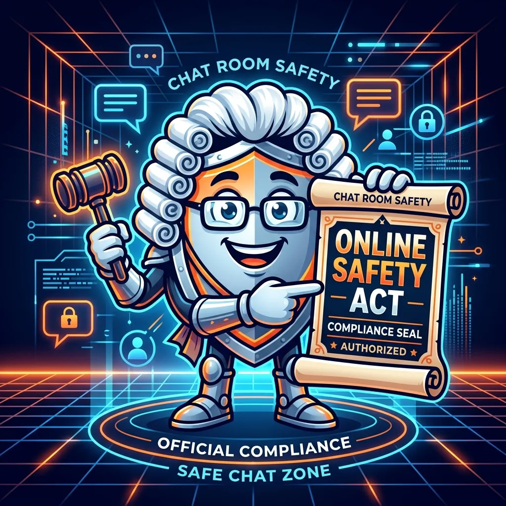 Cartoon security shield wearing a judge wig holding a gavel next to the Online Safety Act scroll