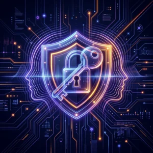 uturistic digital padlock and biometric face scan illustration representing UK Online Safety Act compliance and age verification systems.