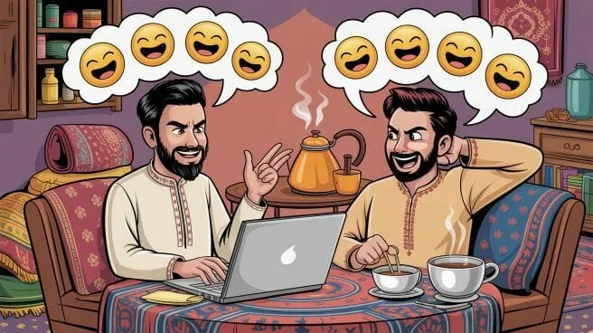 Two men laugh while using a laptop at a table with chai cups and laughing speech bubbles above them.