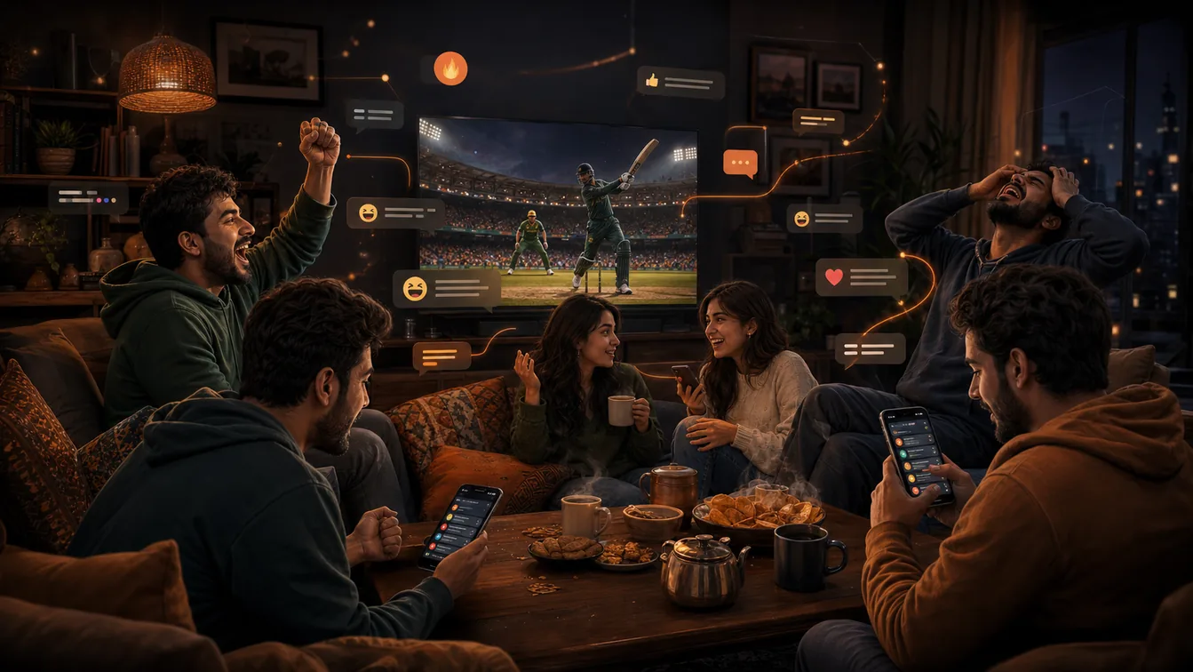 A group of friends watch cricket on television while using phones and reacting to chat messages in a cosy room.