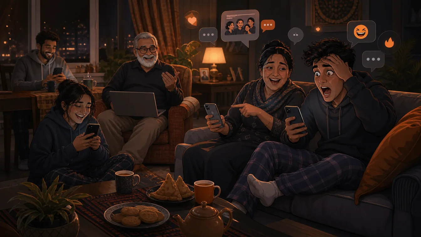 A family sits in a living room using phones and a laptop while laughing at an online group chat.
