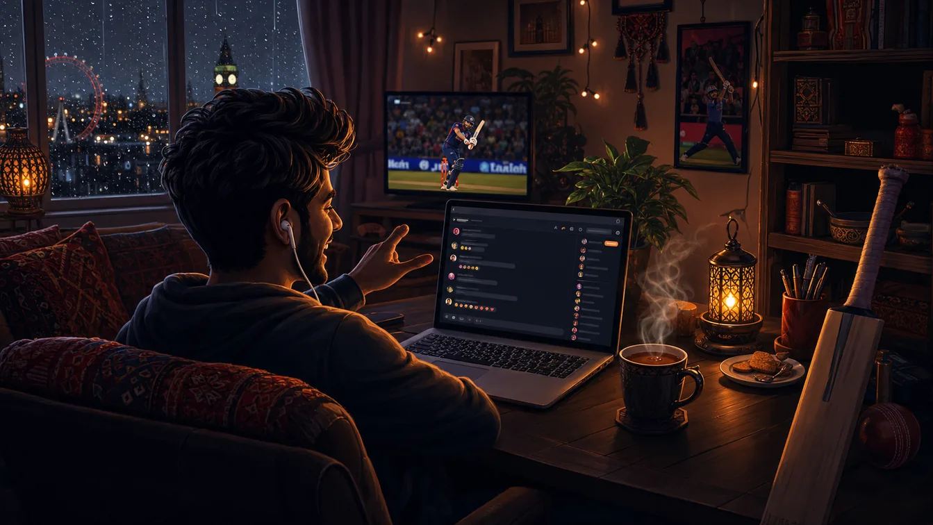 A person uses a laptop chat room while cricket plays on television and cups of chai sit on the table.