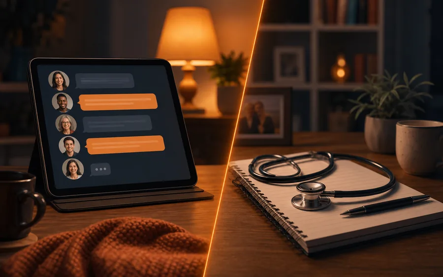 A tablet showing a support chat beside a notebook and stethoscope on a desk