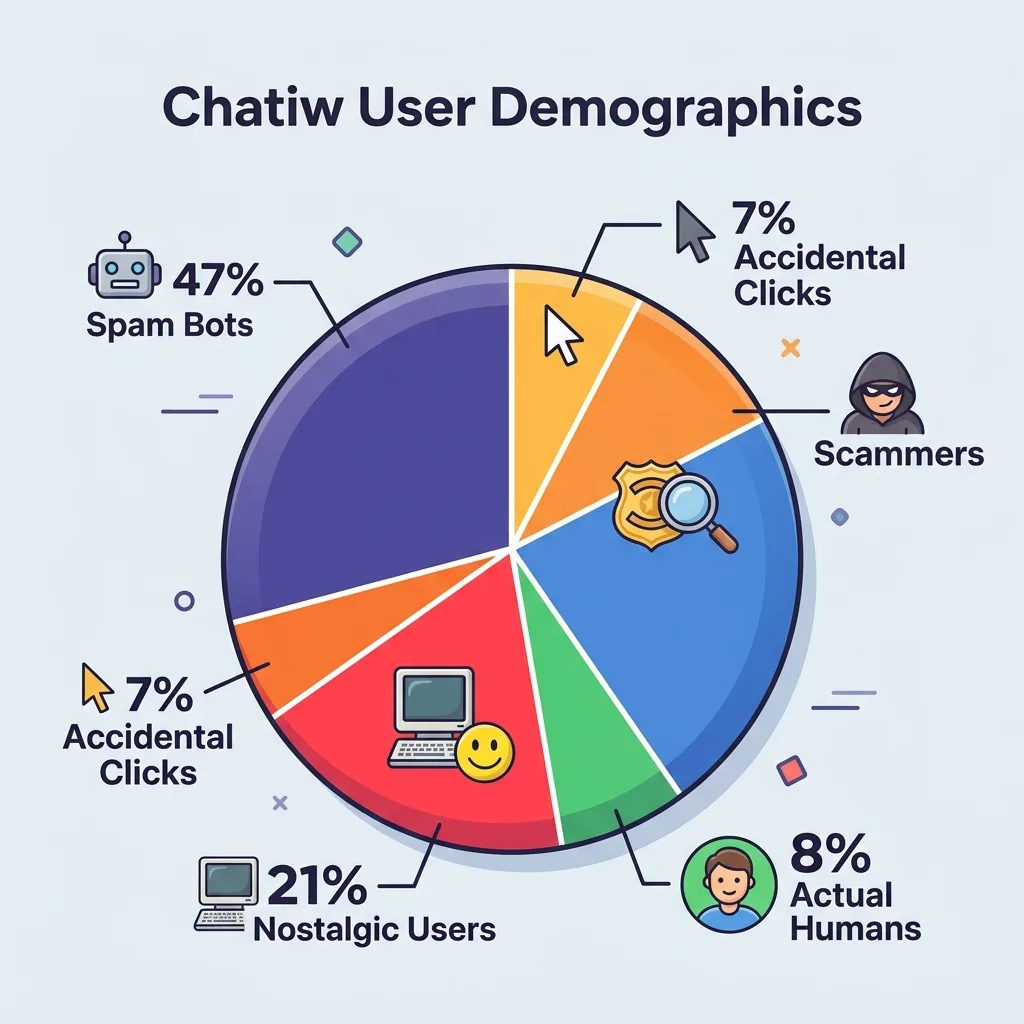 A demographics pie chart titled "Chatiw User Demographics" showing colorful slices labeled "47% Spam Bots", "221% FBI Honeypots", "15% Scammers", "21% Nostalgic Users", "8% Actual Humans", and "7% Accidental Clicks"