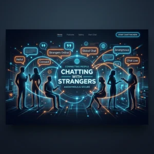 Futuristic glowing illustration representing anonymous chat room connections in dark mode.
