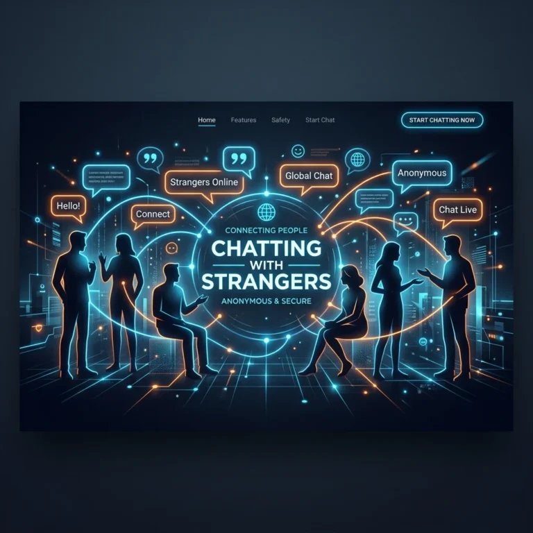 Futuristic glowing illustration representing anonymous chat room connections in dark mode.