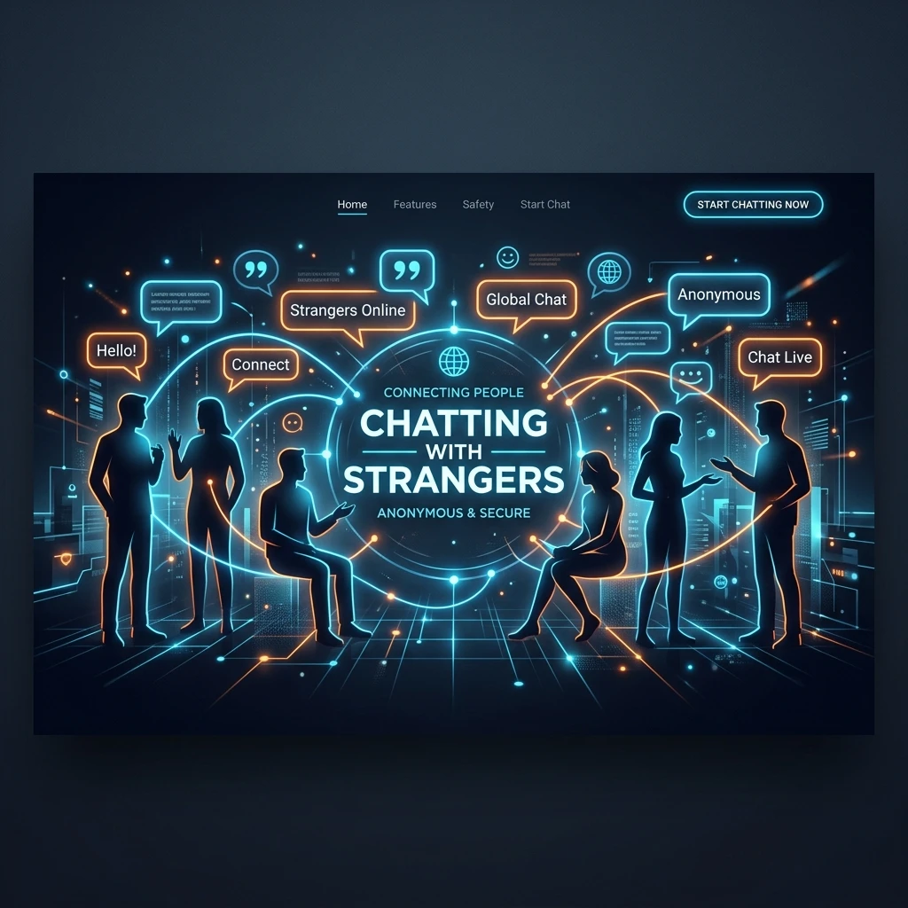 Futuristic glowing illustration representing anonymous chat room connections in dark mode.