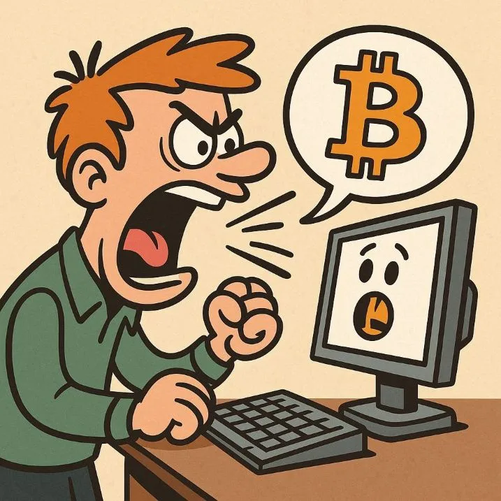 Angry user shouting about Bitcoin at a computer screen