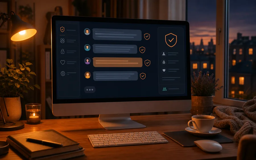 A computer screen showing a moderated support chat interface on a desk at night
