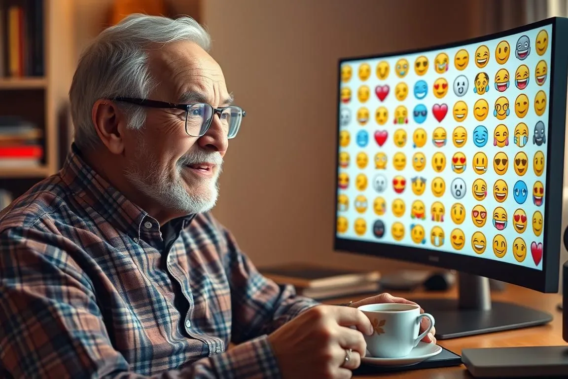 Older man holding a cup while looking at a computer screen filled with emoji faces