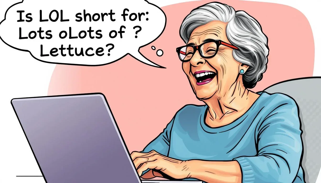 Older woman laughing at a laptop with a speech bubble asking if LOL means lots of lettuce