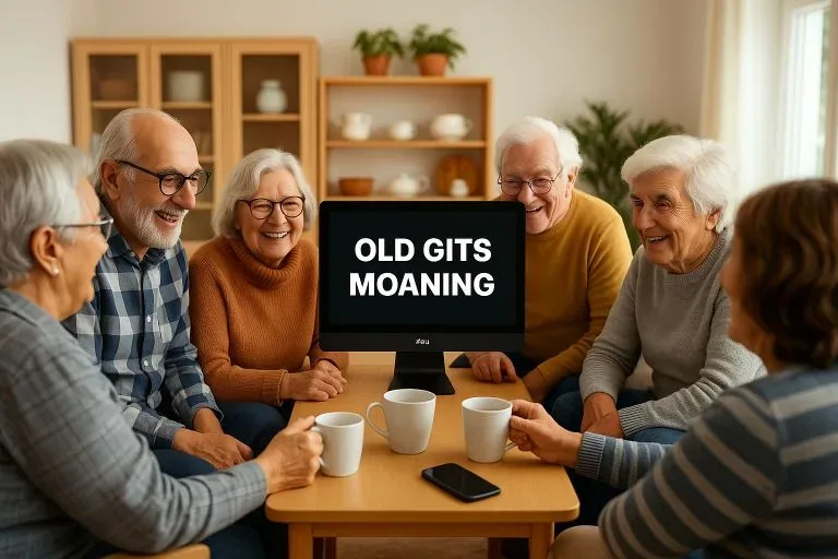 Older adults laughing around a computer screen that says Old Gits Moaning