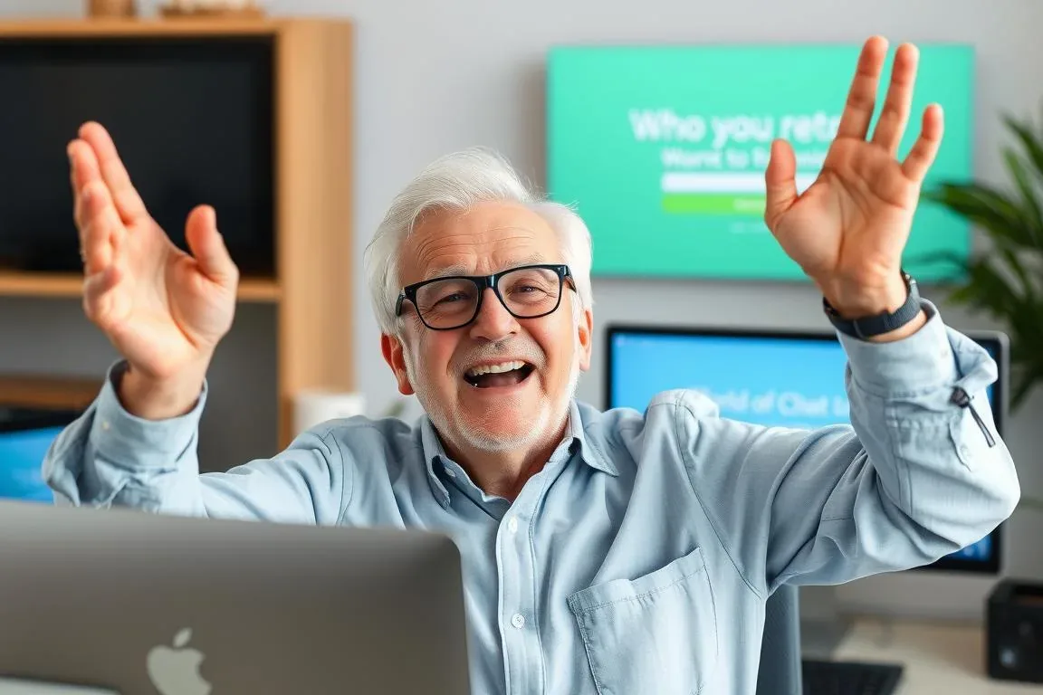 Smiling older man raising both hands while sitting at a laptop