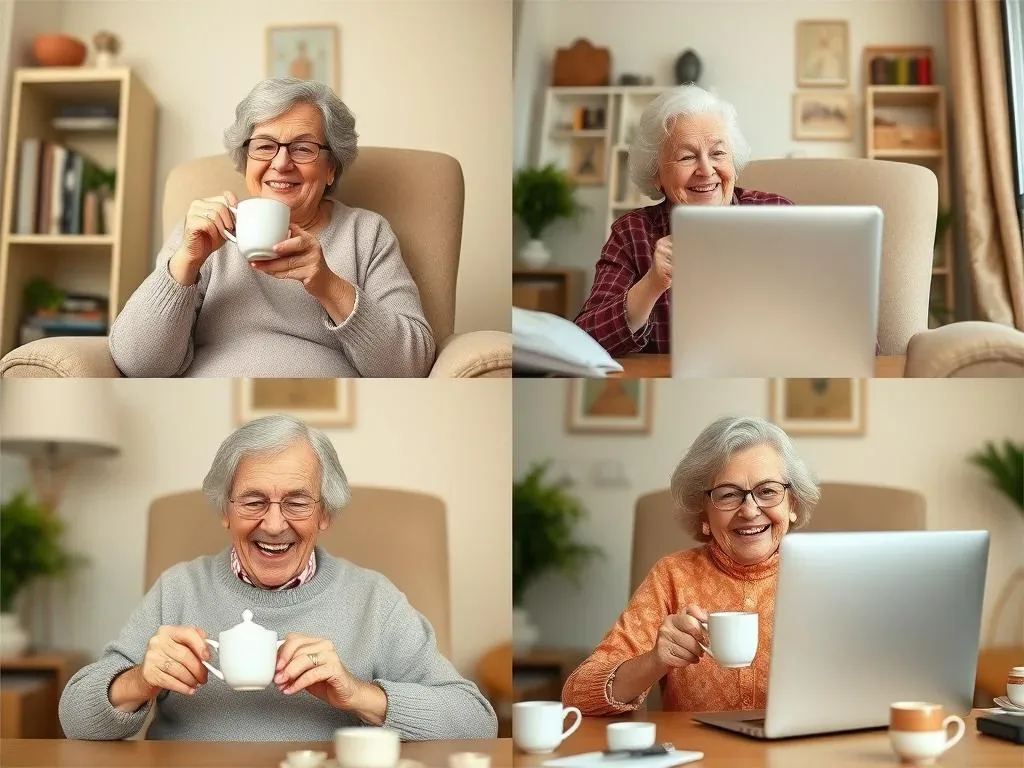 Four older adults smiling during an online video chat with cups of tea